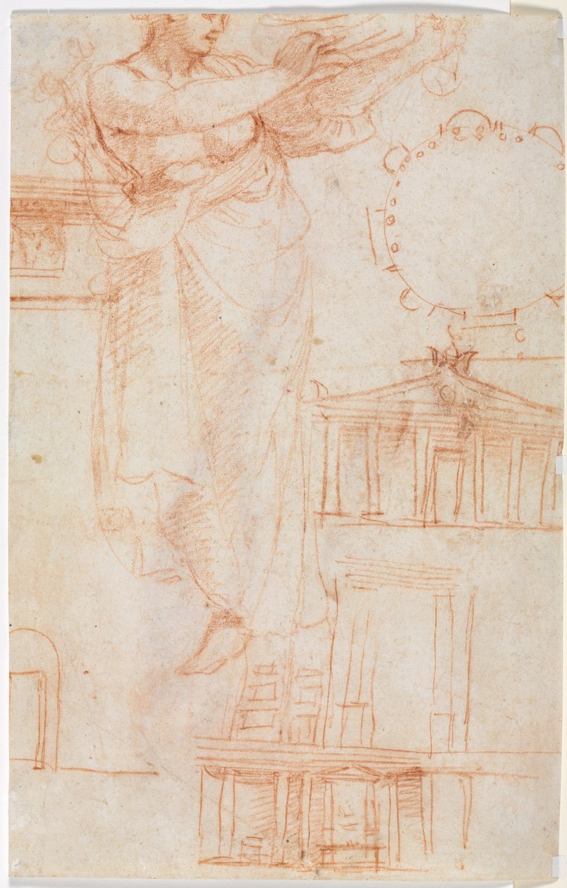 En draperet kvindefigur muligvis en Amazon og Architectural Studies verso, ca. 1525. af Antonio da Correggio