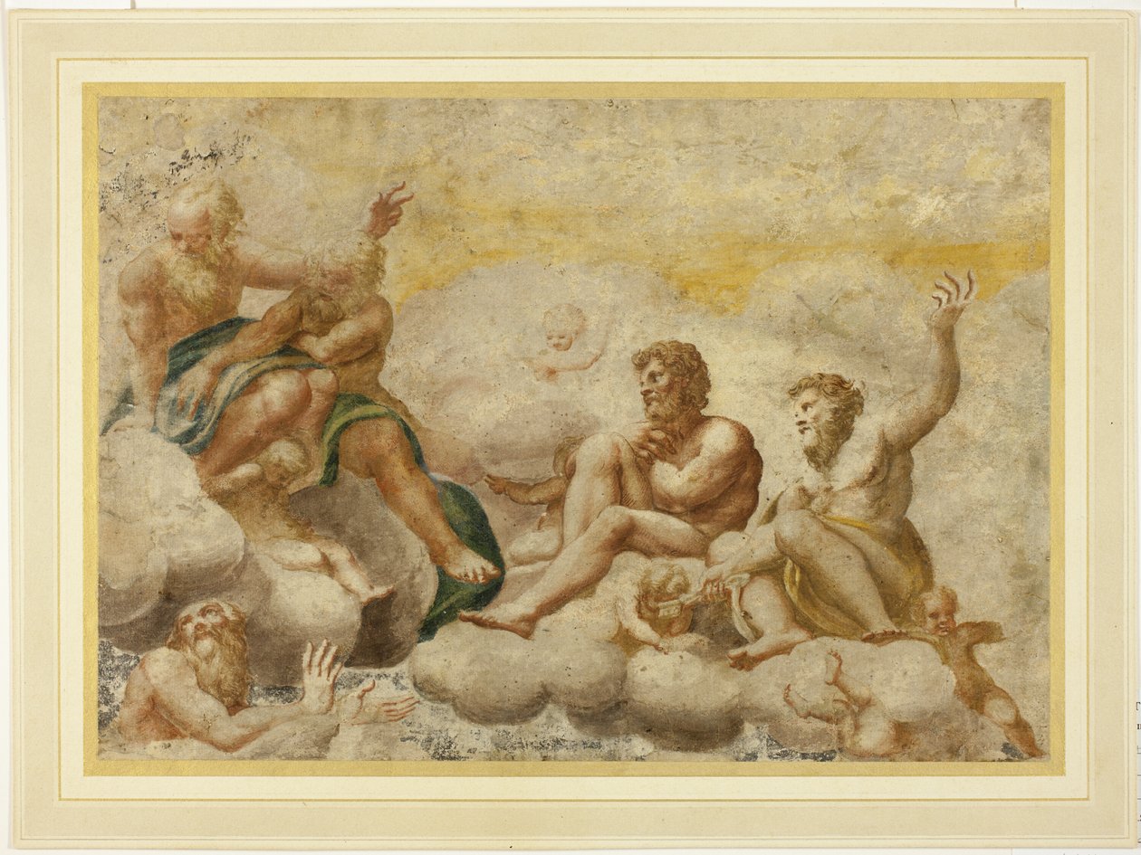 Sankt Peter og andre siddende apostle med Sankt Johannes evangelisten nedenfor af Antonio da Correggio