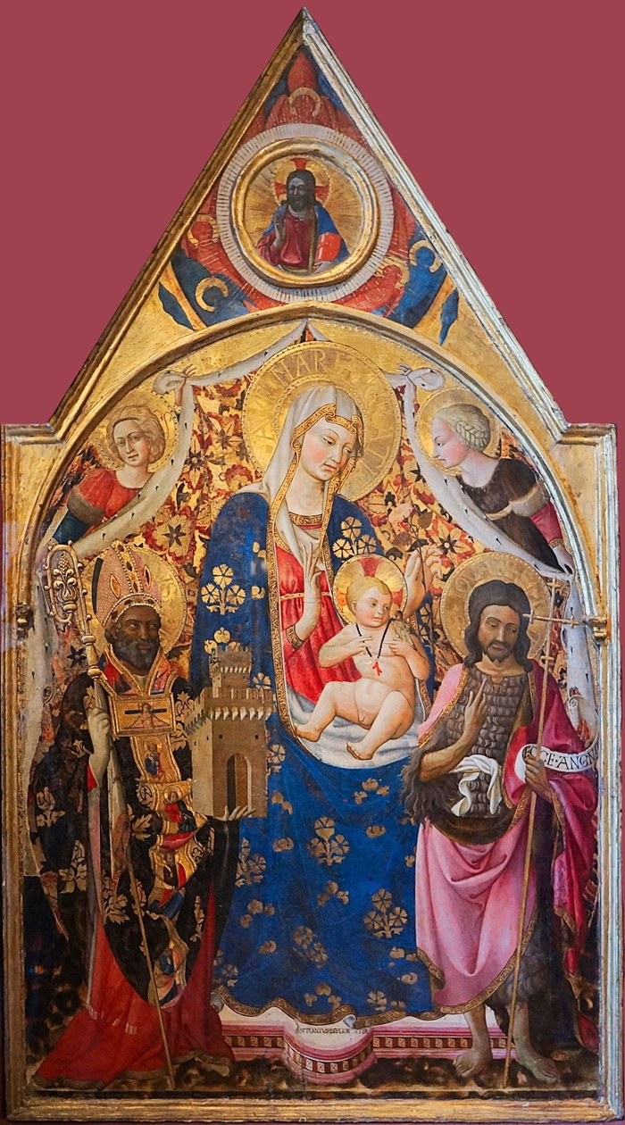 Madonna og barn troner med helgener


 Alternativ(e) titel(r):   Gonfalon. Højre side: Madonna og barnet med en biskop, Johannes Døberen og engle. Øverste del - Kristus velsigner. Bagsiden: Korsfæstelsen med Jomfru Maria og Johannes. T af Antonio da Firenze
