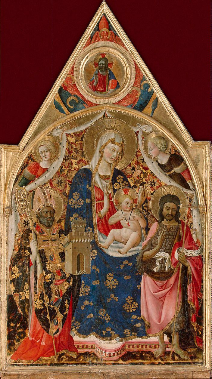 Madonna og barn, med en biskop, Johannes Døberen og engle, begyndelsen af det 15. århundrede. af Antonio da Firenze