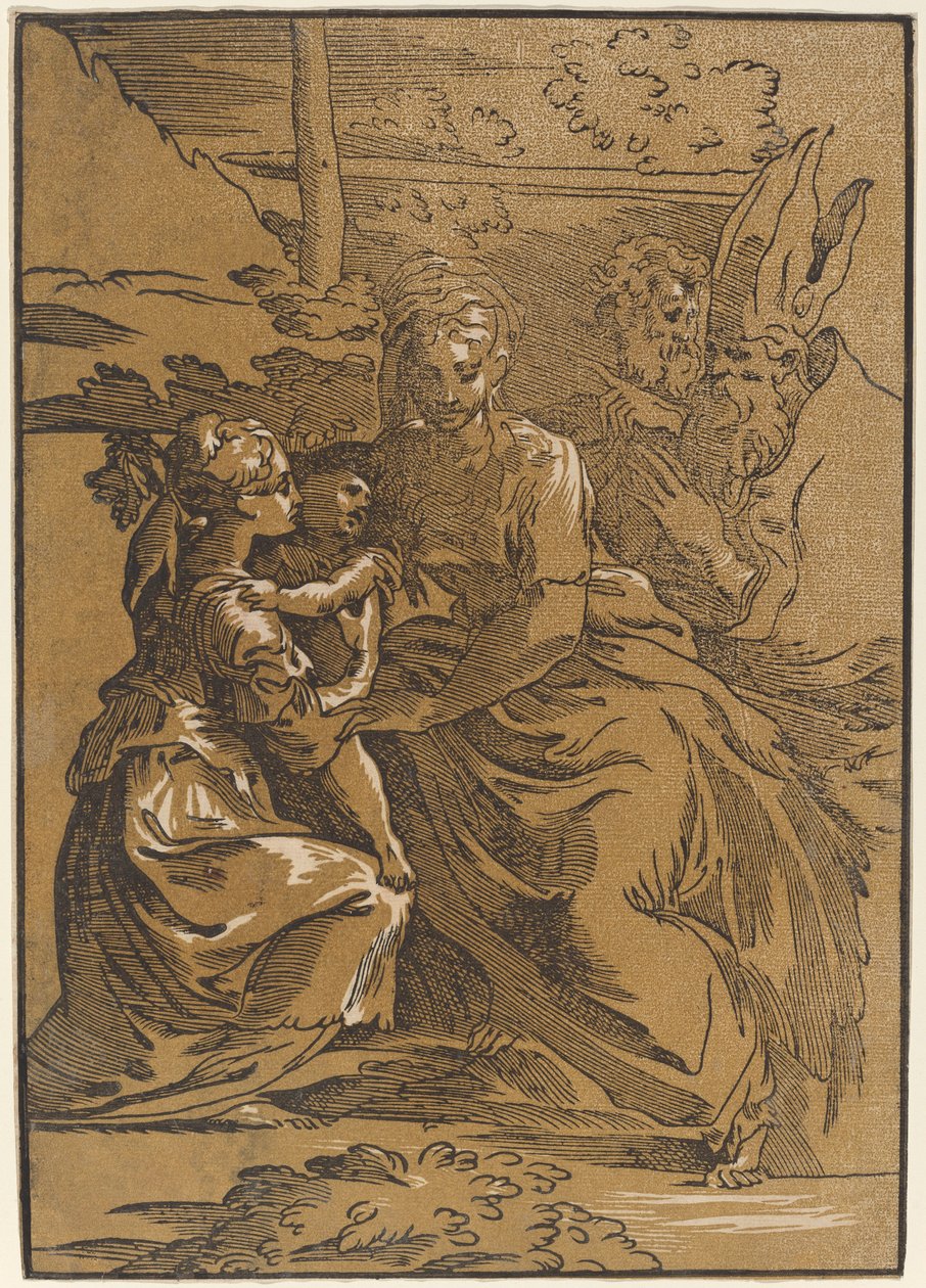 Den hellige familie med to hellige af Antonio da Trento after Parmigianino