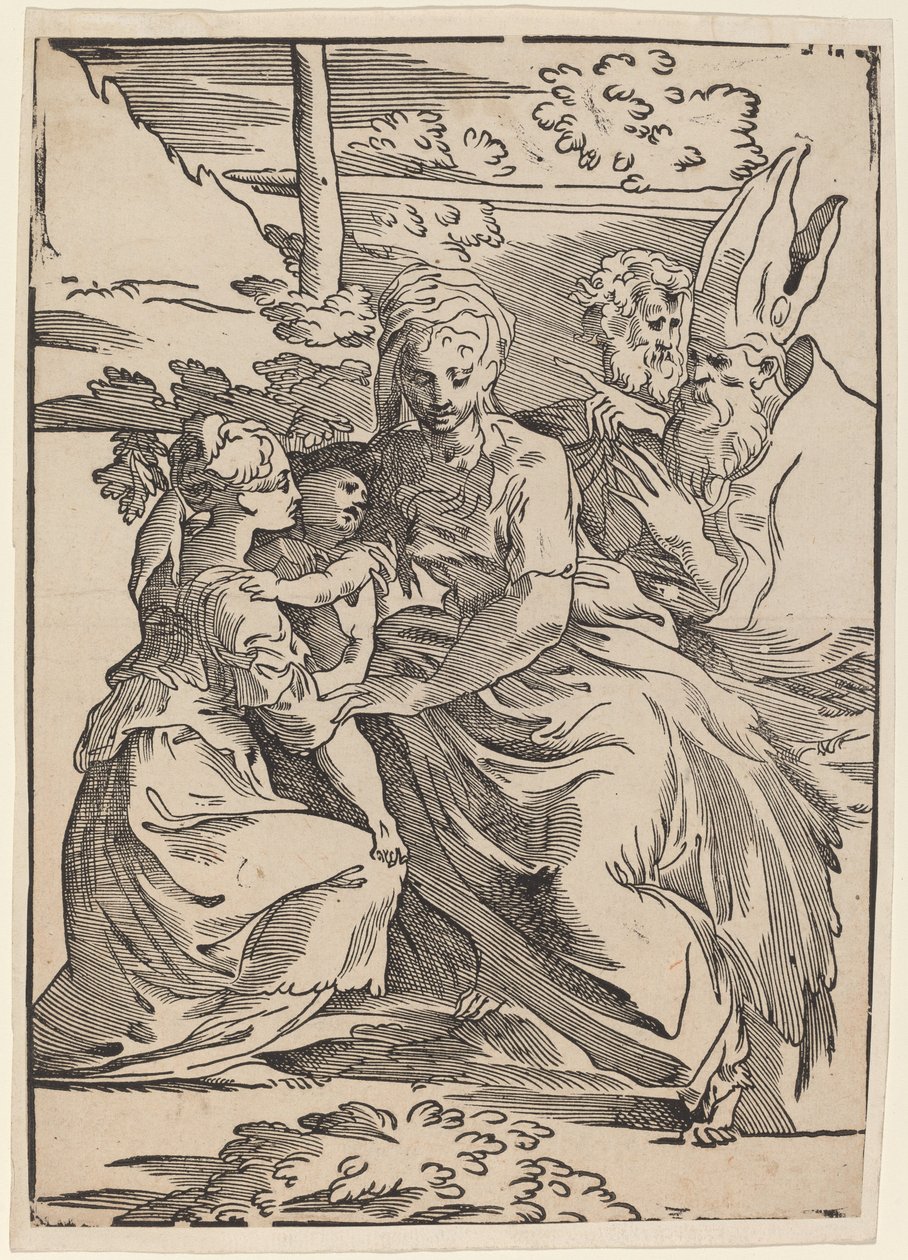 Den hellige familie med to hellige af Antonio da Trento after Parmigianino