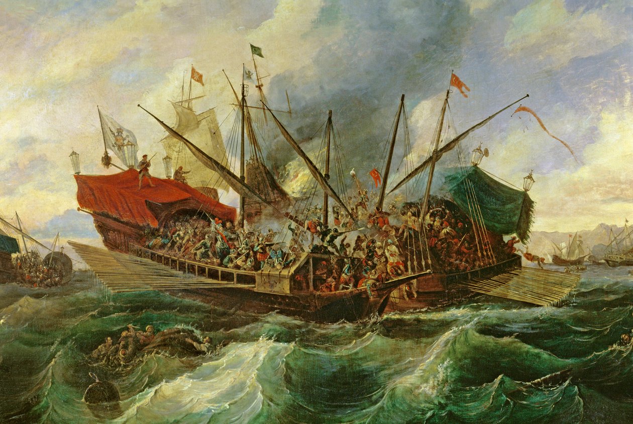Søslaget ved Lepanto mellem Den Hellige Liga og tyrkerne i 1571 (olie på lærred) (detaljer) af Antonio de Brugada