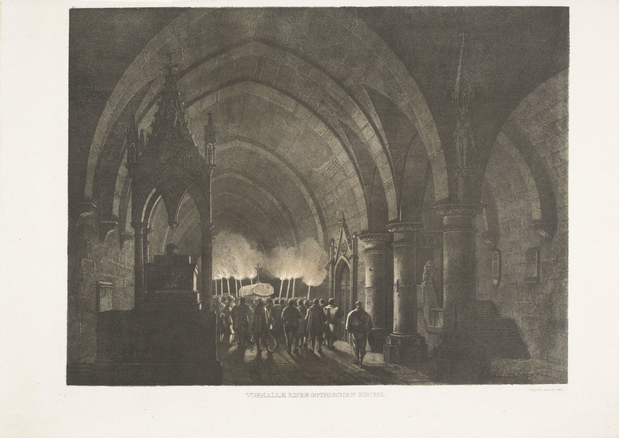 Fakkeldragers i Kerk Veranda til en gotisk kirke (titel på objekt) af Antonio de Pian