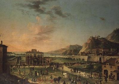 Et capriccio panorama af rejsen for Charles III, konge af de to Sicilier, fra hans villa i Portici til Palazzo Farnese i Rom af Antonio de dipi (attr. to) Joli