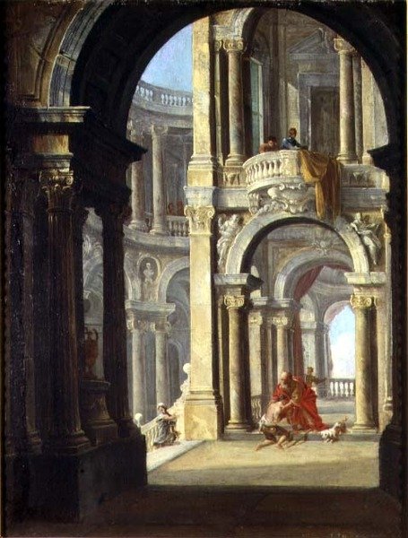 En Capriccio af et barokpalads med den fortabte søns tilbagevenden af Antonio de dipi (circle of) Joli