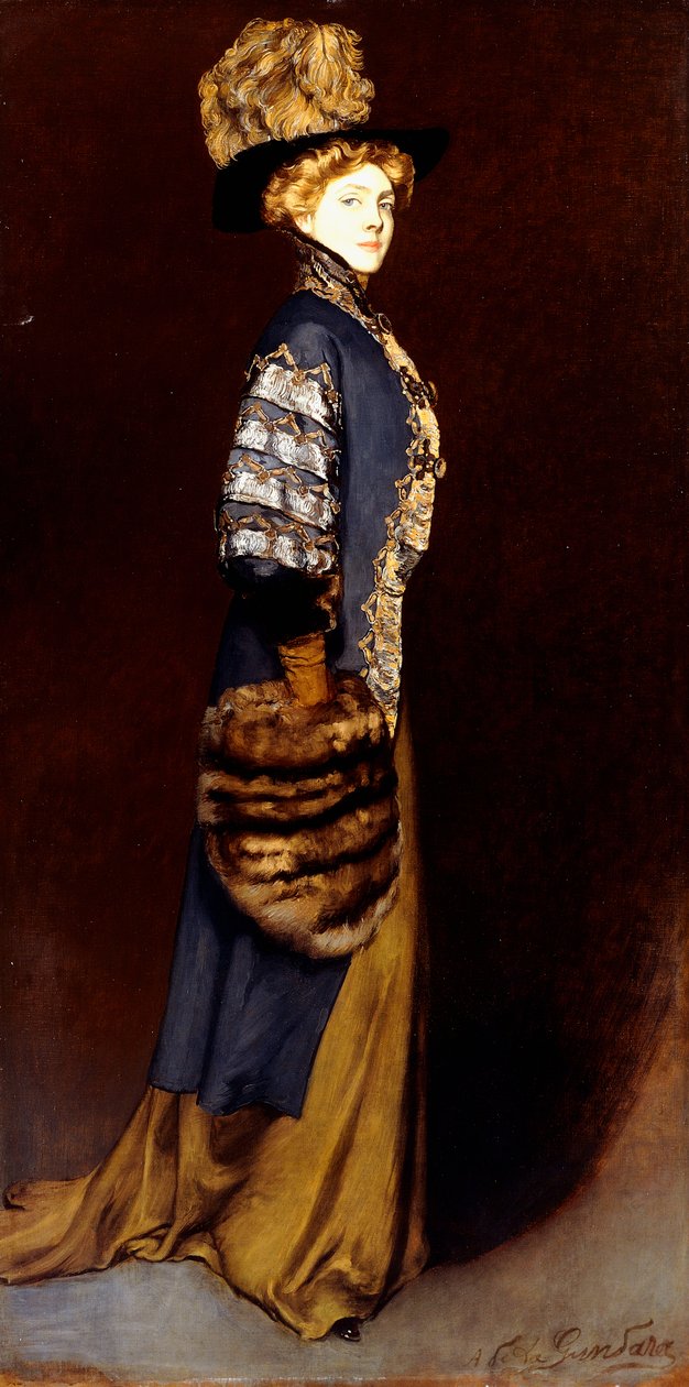En elegant dame med en pelsmuffe af Antonio de la Gandara