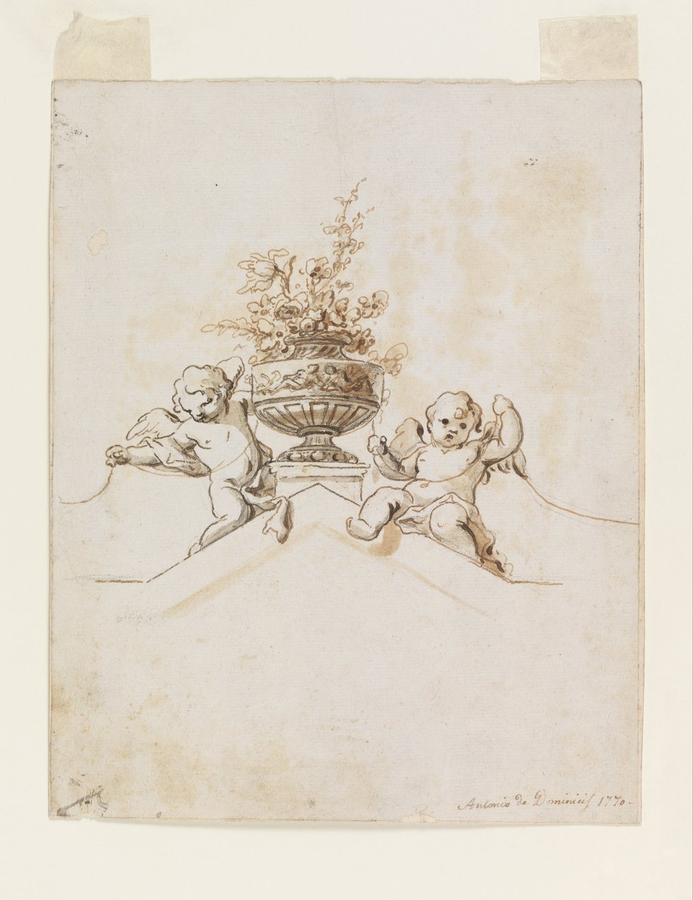 To Putti ved siden af en vase med blomster af Antonio di Dominici