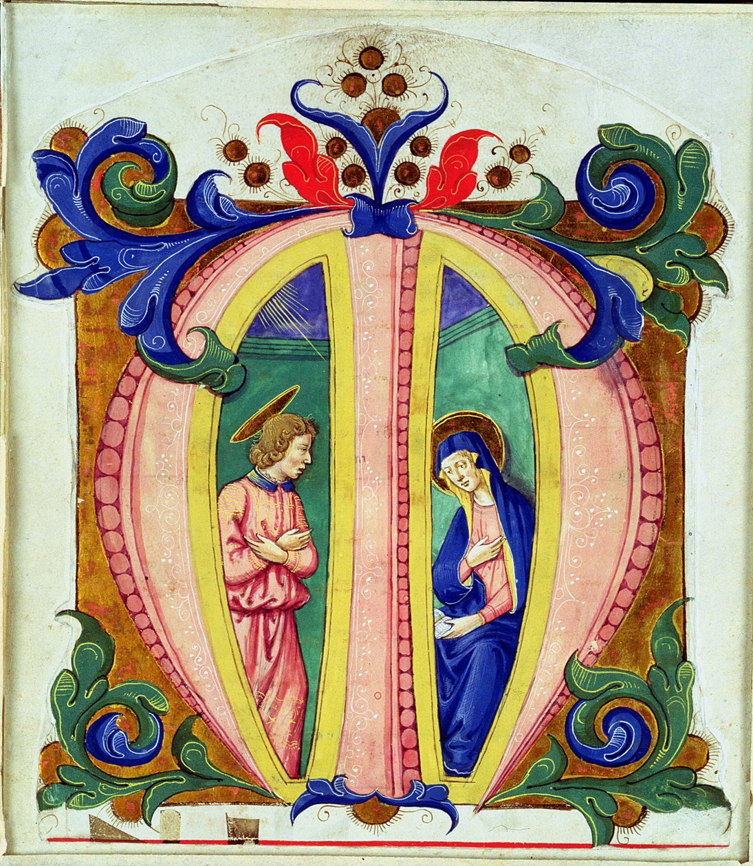 Historik initial M, der forestiller bebudelsen af Antonio di Niccolo di Lorenzo