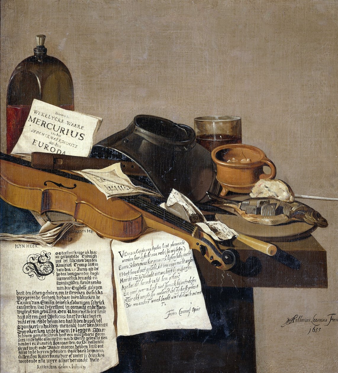 Stilleben med pjecer en violin, fløjte, mad og pjecer af Antonius Leemans