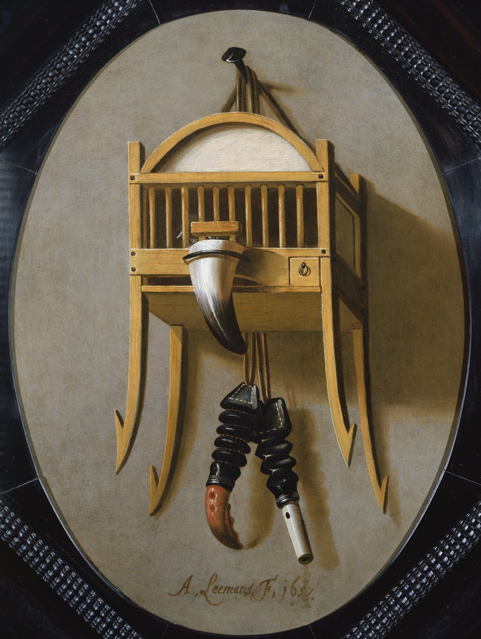 Trompe LOeil med et fuglebur og fløjte, 17. århundrede af Antonius Leemans