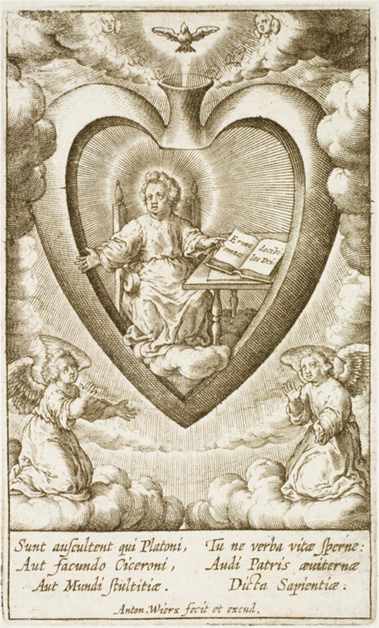 Jesusbarnet siddende i det hellige hjerte med en åben bog af Antonius Wierix (II)