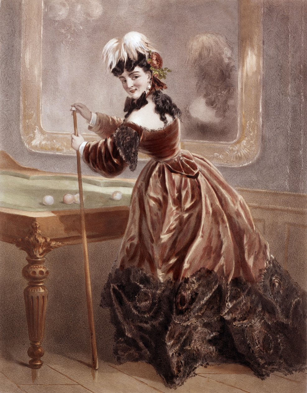 En kurtisane på tidspunktet for det 2. imperium, der spillede billard (farvegravering) af Antony Paul Emile Morlon