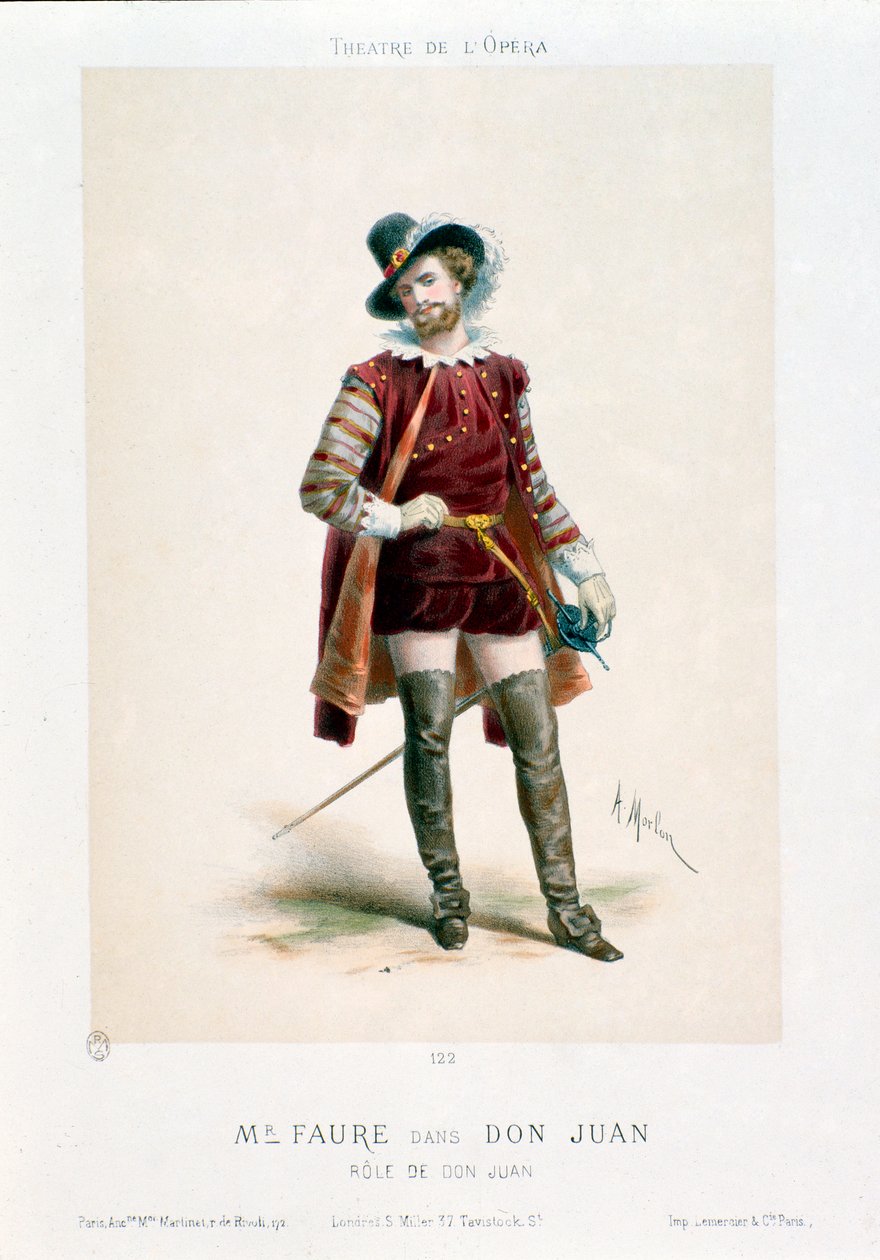 Sangeren Jean-Baptiste (Jean Baptiste) Faure (1830-1914) opfører Don Giovanni (Don Juan) i operaen af samme navn af Wolfgang Amadeus Mozart (1756-1791) under en forestilling på Operateatret i Paris. Litografi af Antony Morlon (1834-1914) Colle af Antony Paul Emile Morlon