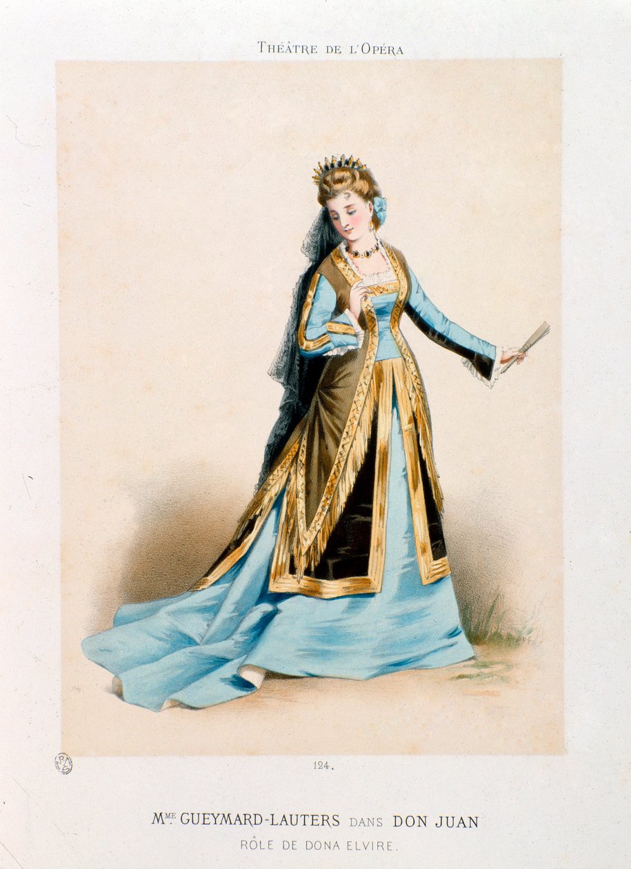 Sangerinden Pauline Lauters-Gueymard (Lauters Gueymard) (1834-1876) opfører Dona Elvire i Wolfgang Amadeus Mozarts opera Don Giovanni (Don Juan) (1756-1791) under en forestilling på Operateatret i Paris. Litografi af Antony Morlon (1834-1914) Privat af Antony Paul Emile Morlon