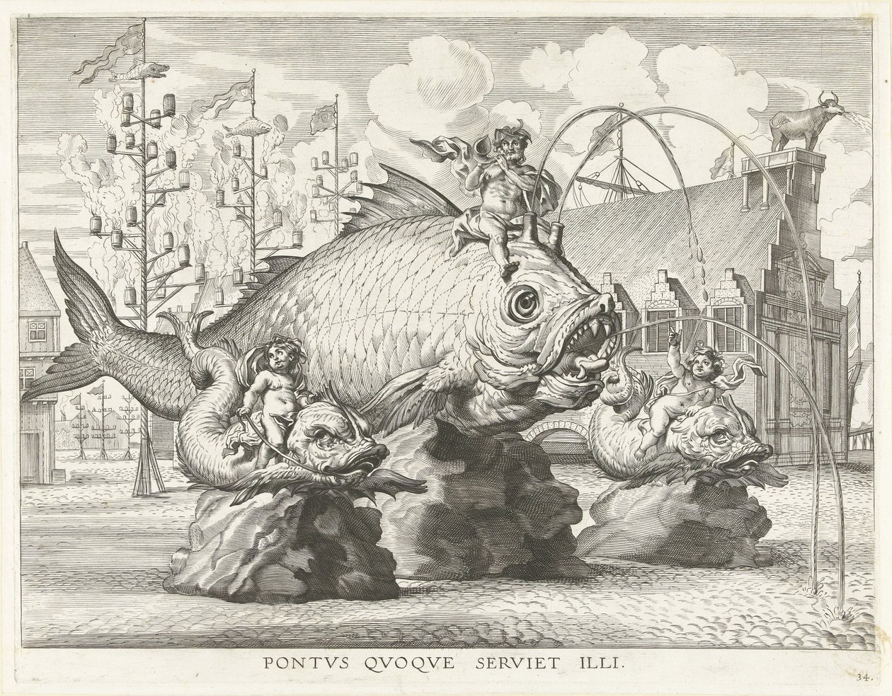 Spektakel med Triton på en kæmpe fisk; Ferdinands indtog i Gent i 1635 Pontvs Qvoqve serviet illi (titel på objekt) af Antony van der Does
