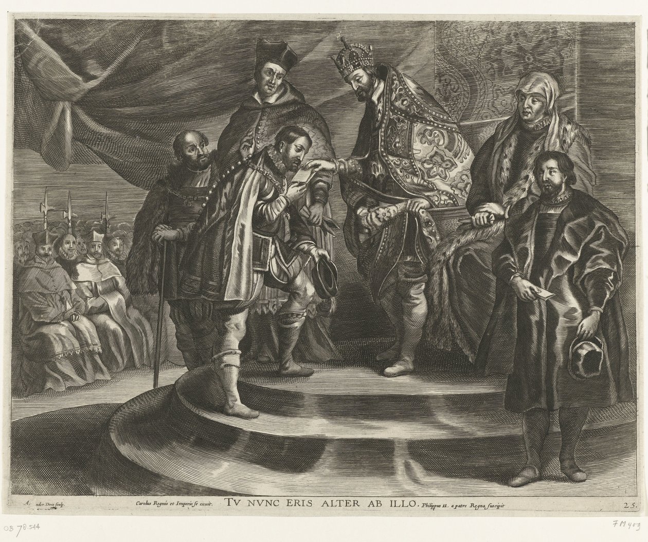 Troonsafsand van Karel V; intocht van Ferdinand te Gent i 1635 (blad 25) Charles fratog sig kongeriget og imperiet / Du vil nu være næst efter ham / Filip II tager riget fra sin far (titel på objektet) af Antony van der Does