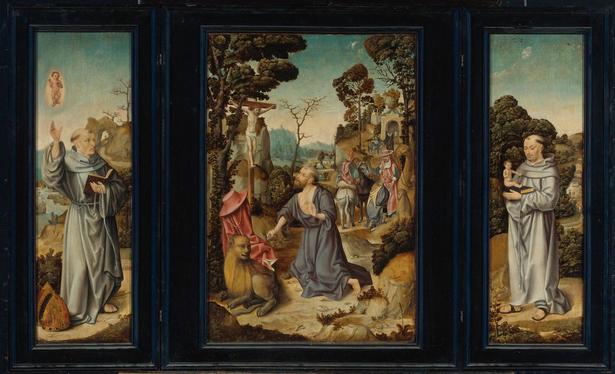 En Triptykon: Scener fra livet i st. Jerom, Sankt Antonius af Padua, Sankt Bernhard af Clairvaux af Antwerp School c. 1525 3