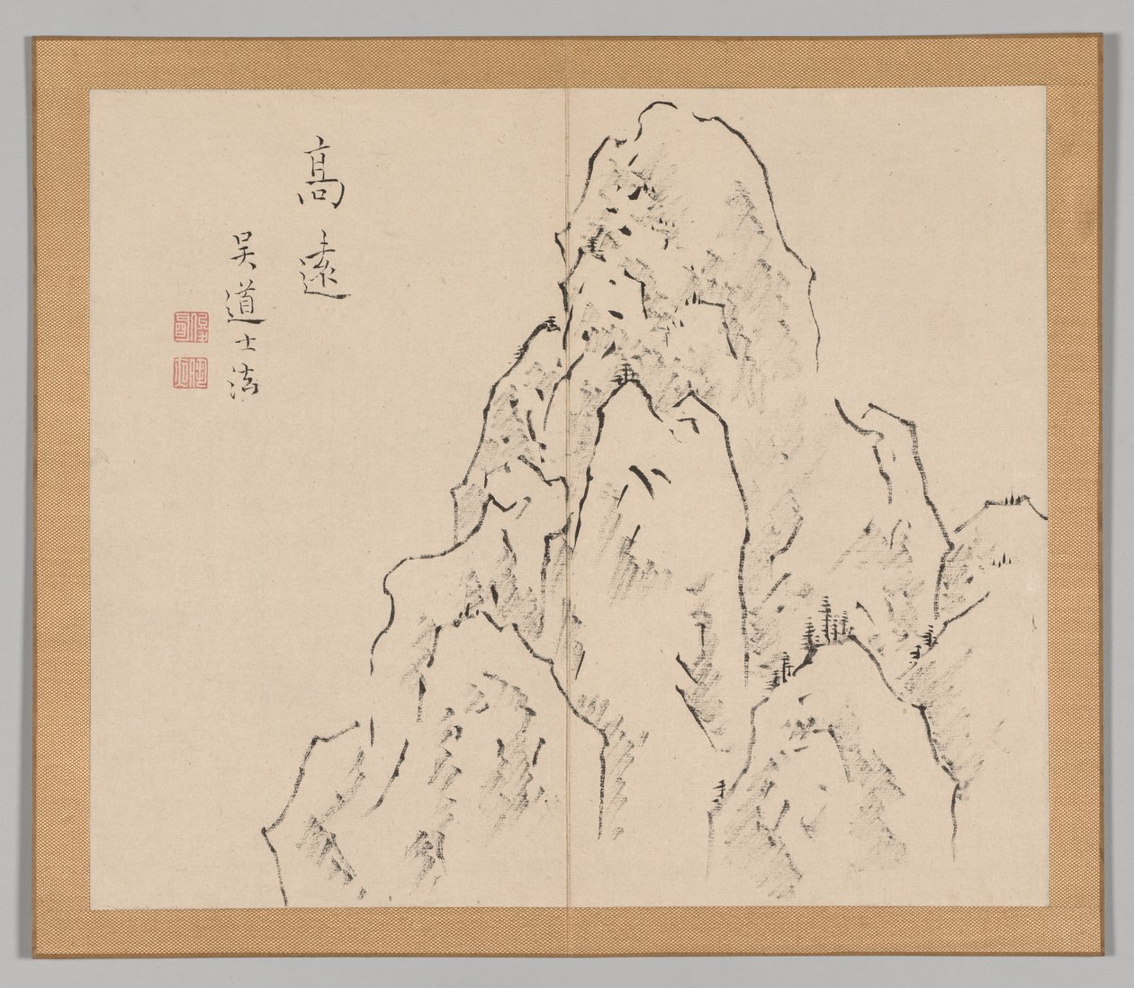 Dobbelt album af landskabsstudier efter Ikeno Taiga, bind 2 blad 7, 1700-tallet. af Aoki Shukuya