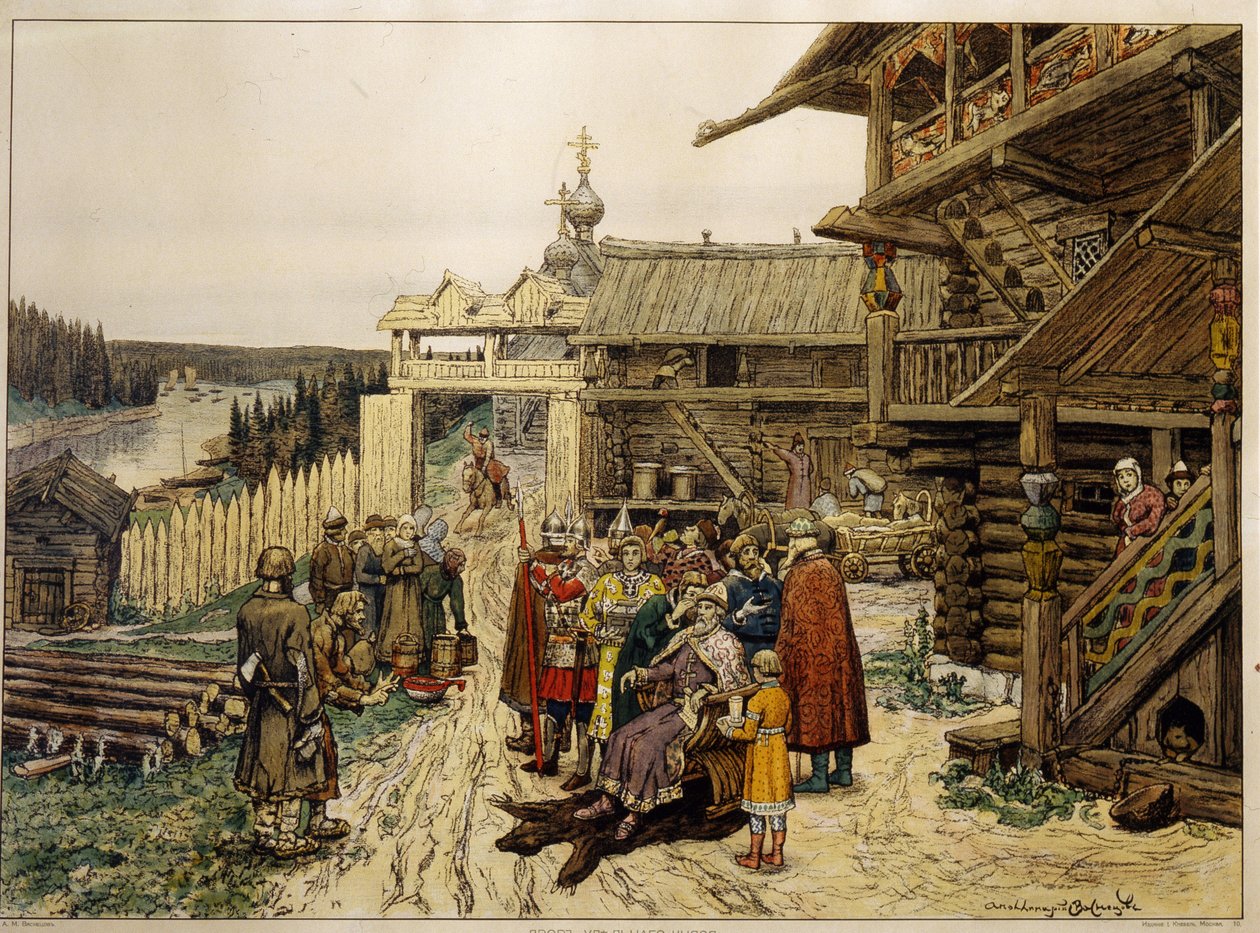 Feudal domstol for en russisk prins. (I en middelalderlandsby lytter herren, der sidder på en stol i gården til et træhus, omgivet af sine soldater og rådgivere, til bøndernes klager). Værk af Appolinari Mikhaylovich Vasnetsov af Apollinari Mikhailovich Vasnetsov