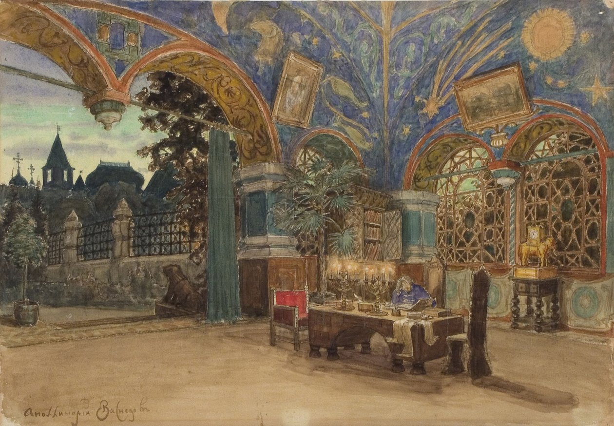 Prins Vasilij Golitsyns spisestue. Scenedesign til operaen Khovanshchina af M. Musorgsky, 1897 af Apollinari Mikhailovich Vasnetsov