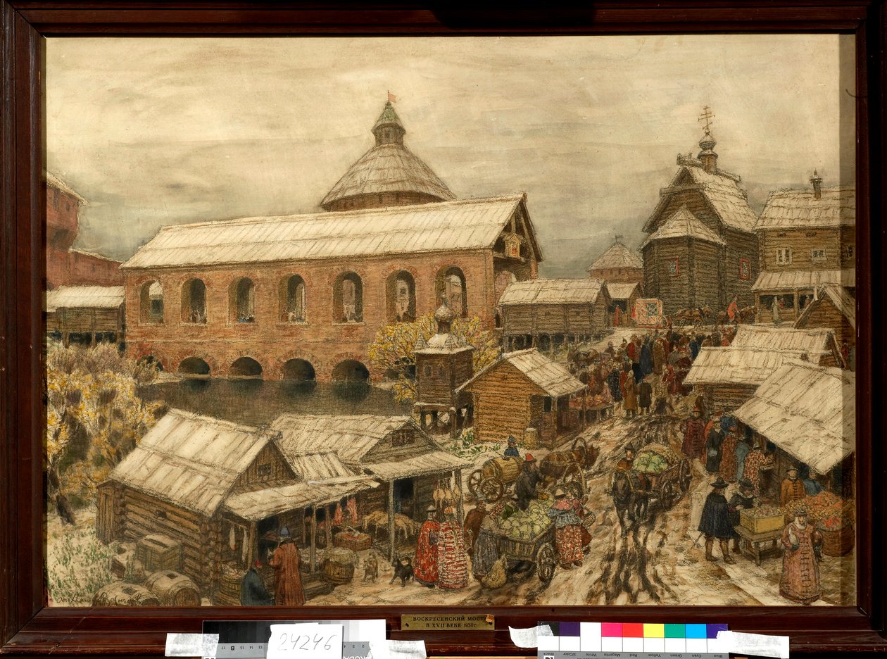 Gåtur i Okhotny Riad-distriktet i Moskva i det 13.-16. århundrede - Værk af Appolinari Mikhaylovich Vasnetsov (1856-1933) af Apollinari Mikhailovich Vasnetsov