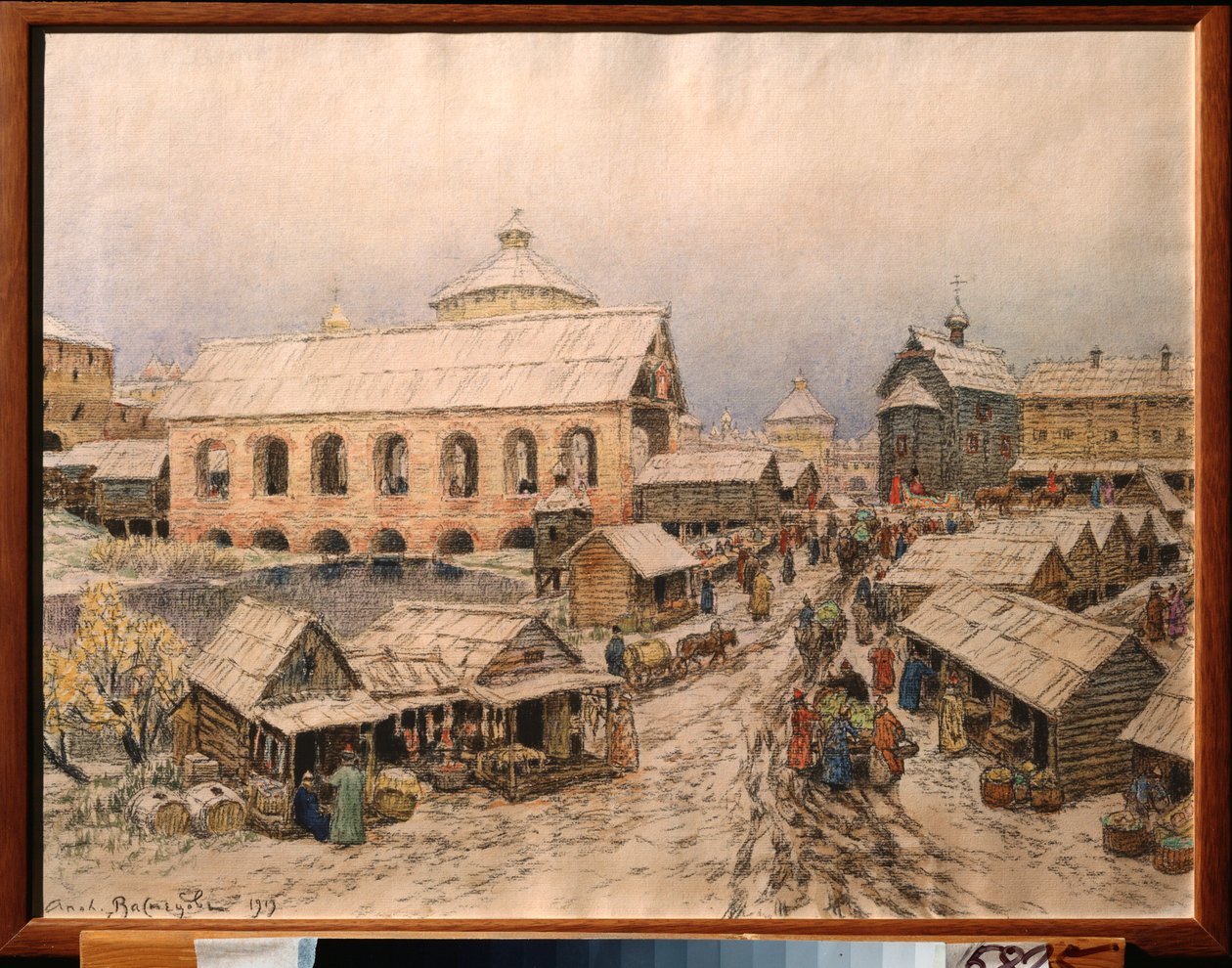 Moskva 17. århundrede, Resurrection Bridge - Værk af Appolinari Mikhaylovich Vasnetsov (1856-1933), akvarel og kul på papir af Apollinari Mikhailovich Vasnetsov