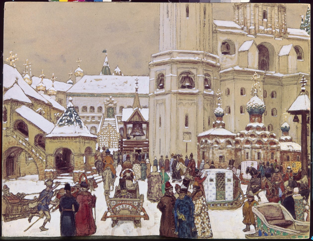Placer Ivan den Store i Kreml i det 17. århundrede. (Katedralpladsen, Moskva). Værk af Appolinari Mikhaylovich Vasnetsov (1856-1933), blyant og akvarel på papir af Apollinari Mikhailovich Vasnetsov