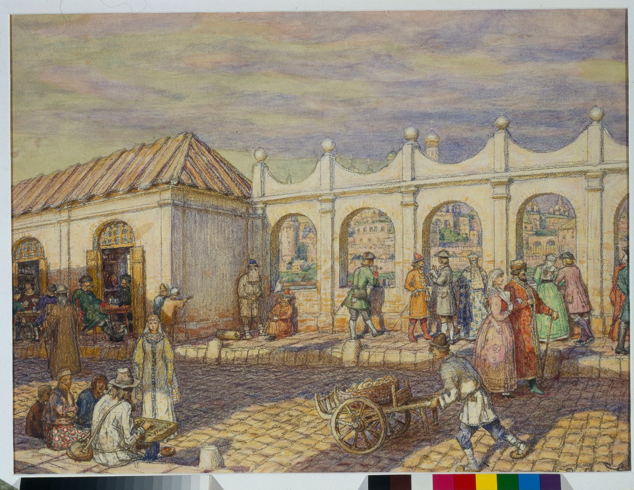Gadescene på Stenbroen (Allehelgensbro) i Moskva på tidspunktet for Peter I den Store (1672-1725) - Kunstværk af Appolinari Mikhaylovich Vasnetsov (1856-1933) af Apollinari Mikhailovich Vasnetsov