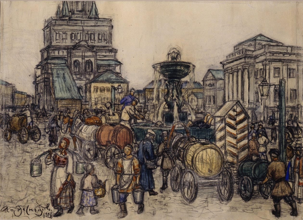 Springvandet på Sukharevskaya-pladsen i det 19. århundrede, 1921 af Apollinari Mikhailovich Vasnetsov