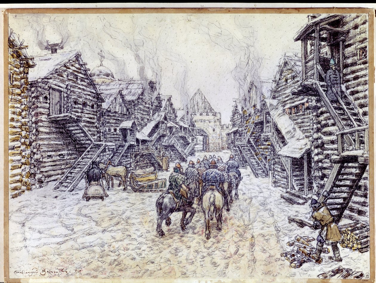 Gamle Moskva. Traditionel træarkitektur under sneen. Værk af Appolinari Mikhaylovich Vasnetsov (1856-1933), akvarel og kridt på papir af Apollinari Mikhailovich Vasnetsov