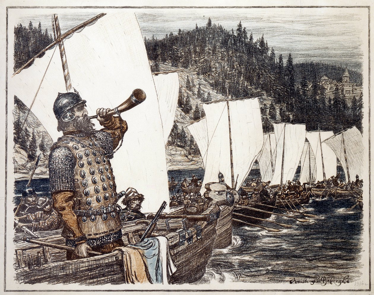 Yermak Timofeyevich (ca. 1540-1585) ved Irtysh-floden. (Yermak Timopheyevich på Irtysh). Episode af udforskningen og erobringen af ​​Sibirien, i 1583. Værk af Appolinari Mikhaylovich Vasnetsov (1856-1933), litografi 1916. Russisk kunst, 20. af Apollinari Mikhailovich Vasnetsov