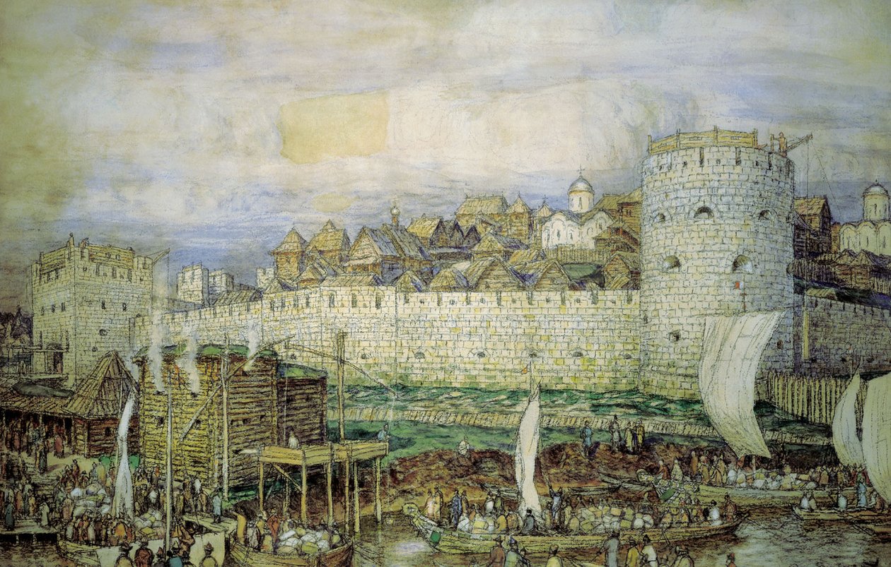 . XIV Formentlig udsigt over Kreml af hvidsten fra Dmitry Donskoy. Slutningen af 1300 -tallet af Apollinari Mikhailovich Vasnetsov