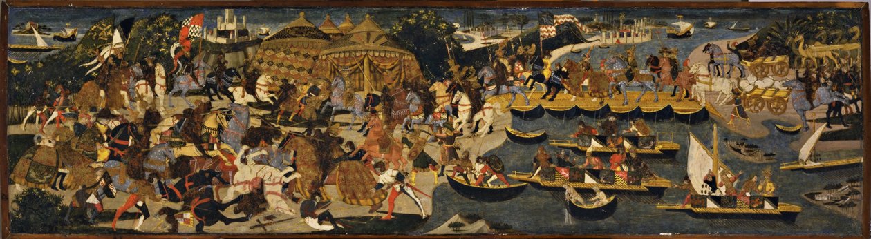 Slaget mellem athenerne og perserne, Cassone Panel, 1463 (tempera und olie med guld og sølv blade på træ) af Apollonio di Giovanni di Tommaso