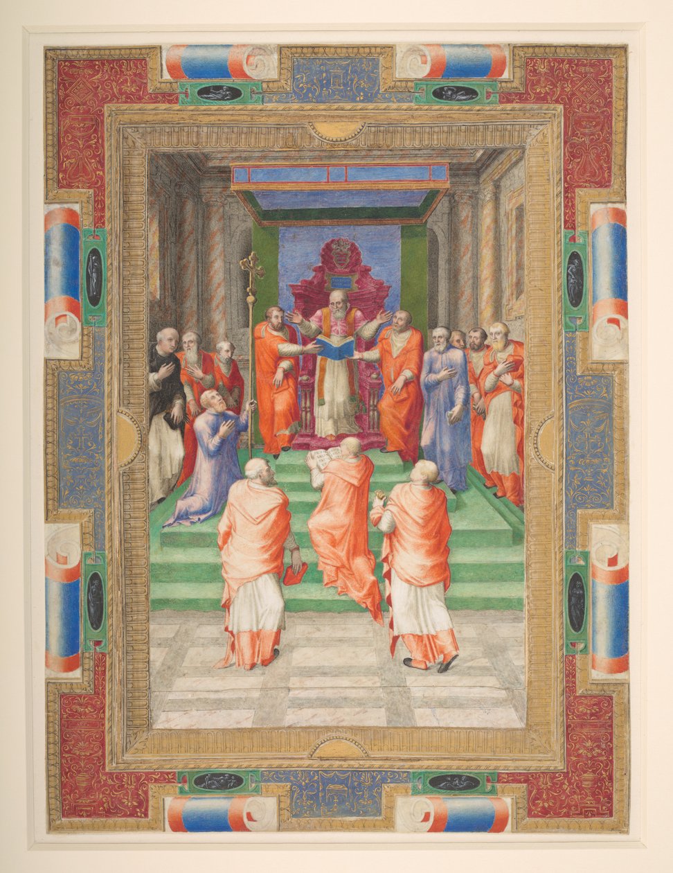 En pavelig ceremoni, Paul IV står foran den pavelige trone, Add. MS 35254 Q, ca. 1555-59 (vellum) af Apollonio di Bonfratelli