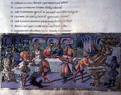 Ms 492 f.75 Banquetscene, fra Æneiden (pergament) af Apollonio di Giovanni di Tommaso