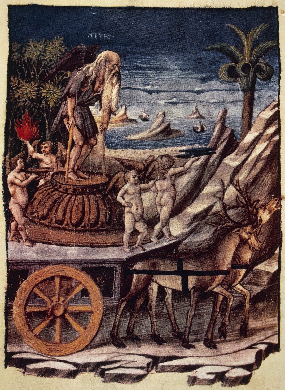 Tidens triumf, tidens vogn trukket af rådyr, miniature af Apollonio di Giovanni (1415 eller 1417-ca 1465) fra Triumfer, allegorisk digt af Francesco Petrarca (1304-1374), manuskript 1129, folio 42, verso, Italien af Apollonio di Giovanni di Tommaso