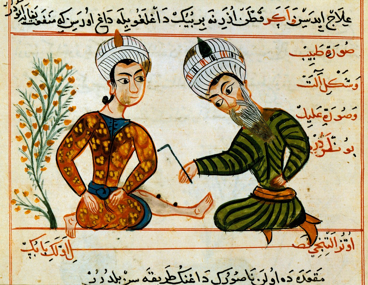 Ætsning af et sår. Miniature fra en malkning af arabisk medicin. 15. århundrede Paris, B.N. af Arabic School
