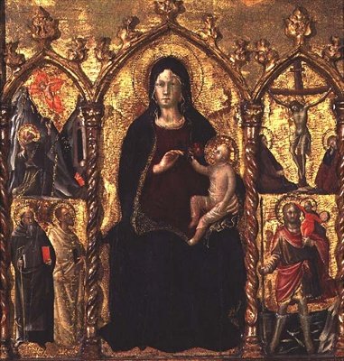 Triptykon: Madonna og barn (centralt panel) med hellige og en scene af korsfæstelsen (tempera på panel) af Arcangelo di Cola da Camerino
