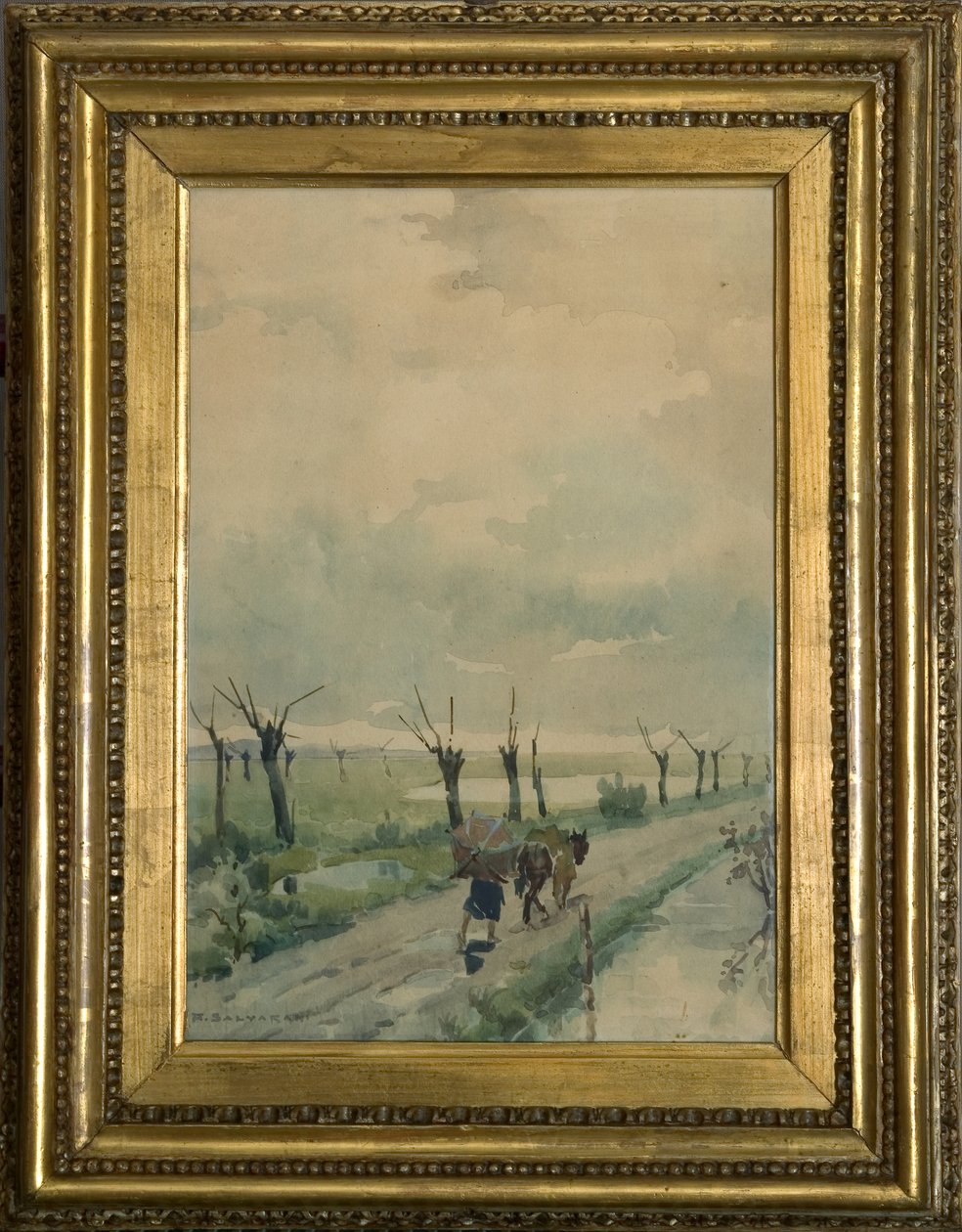 Landskab med personer 1918-19 (akvarel på kultegning) af Arcangelo Salvarani