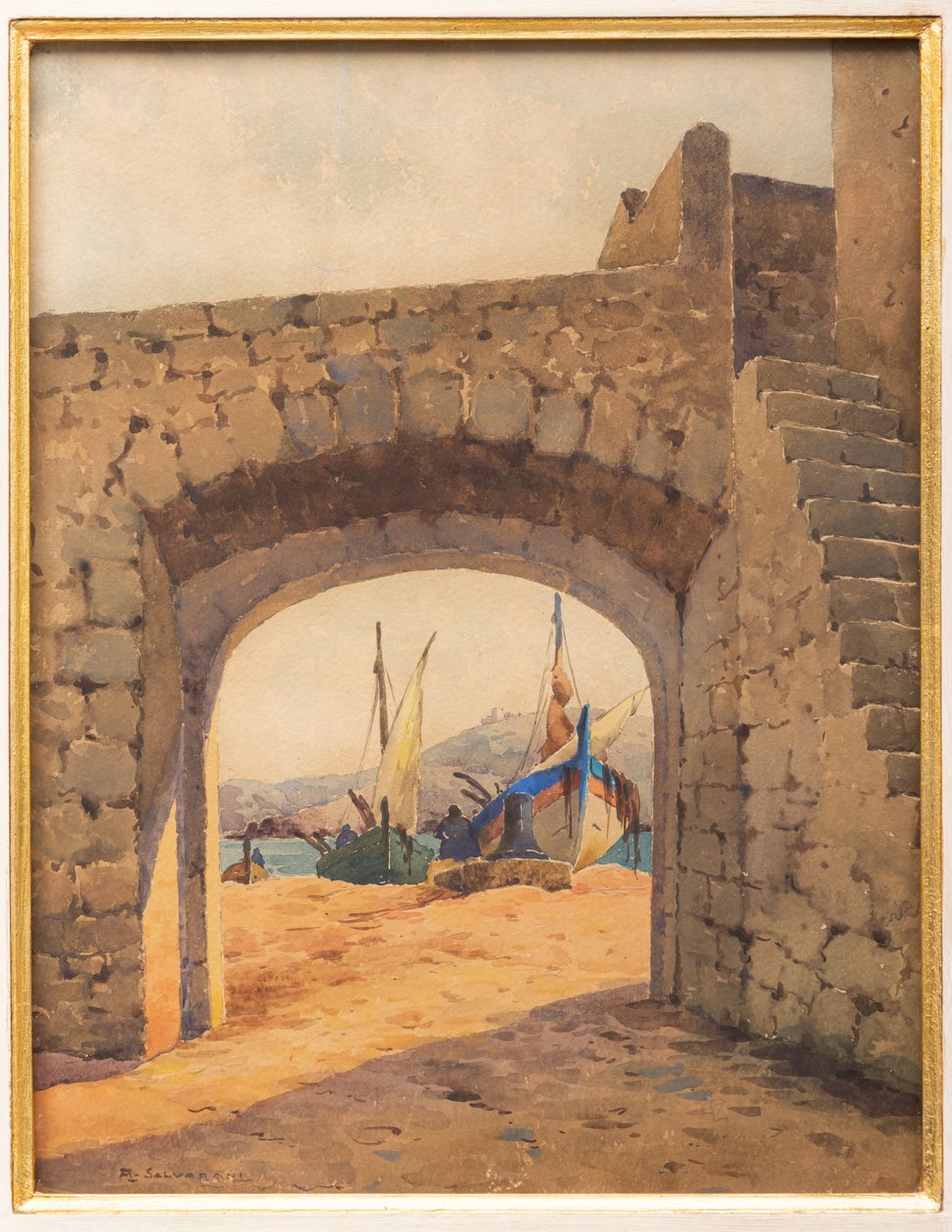 Vault med havn og både (akvarel) af Arcangelo Salvarani
