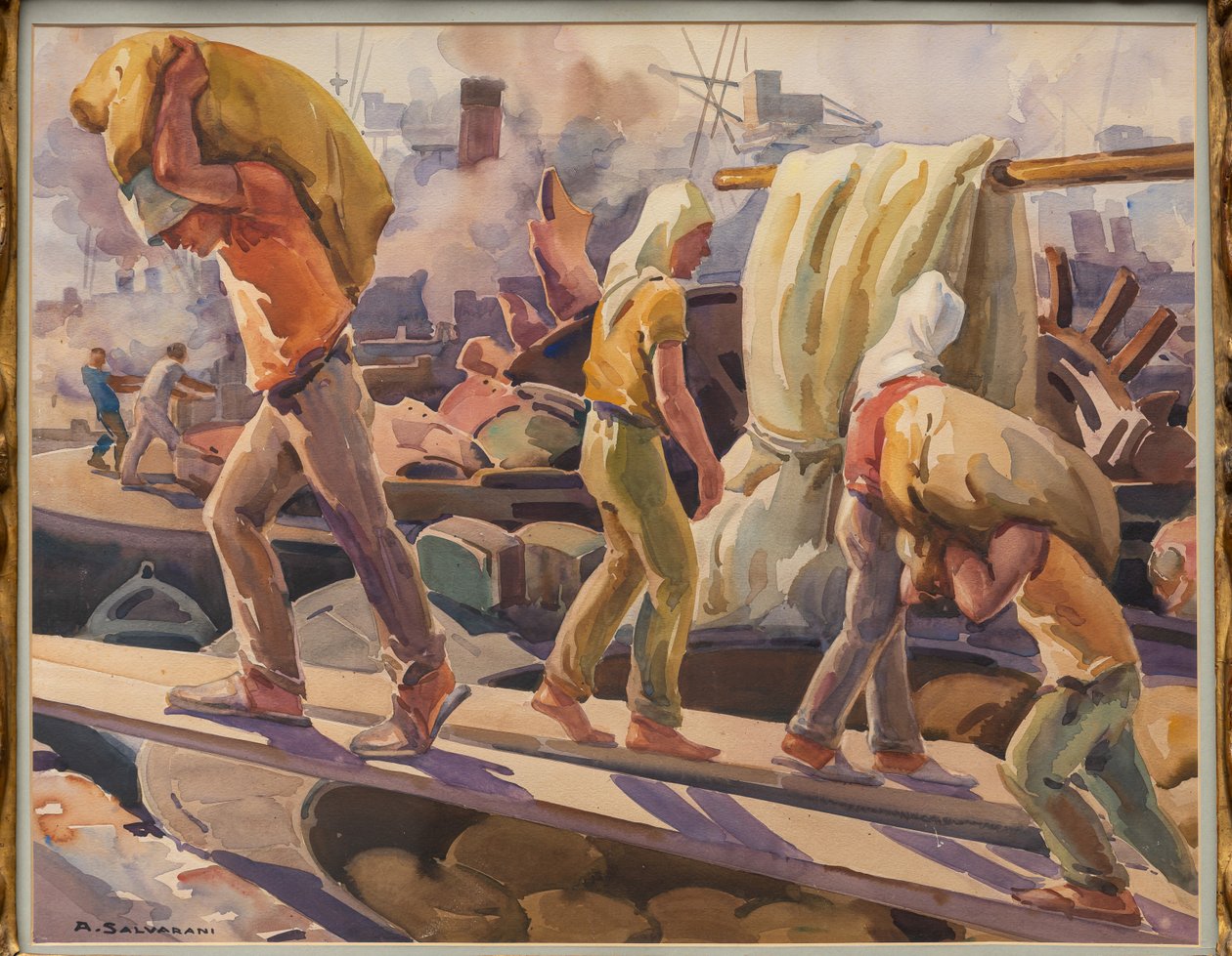 Arbejdere på havnen i Genova (akvarel på papir) af Arcangelo Salvarani
