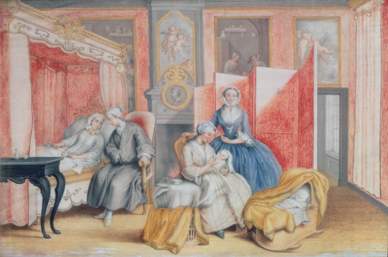 Joseph II (1741-90) ved sengen af sin kone Isabella af Parma efter fødslen af deres datter Maria Theresa (1762-1770), 1762 (gouache) af Archduchess of Austria Maria Christine