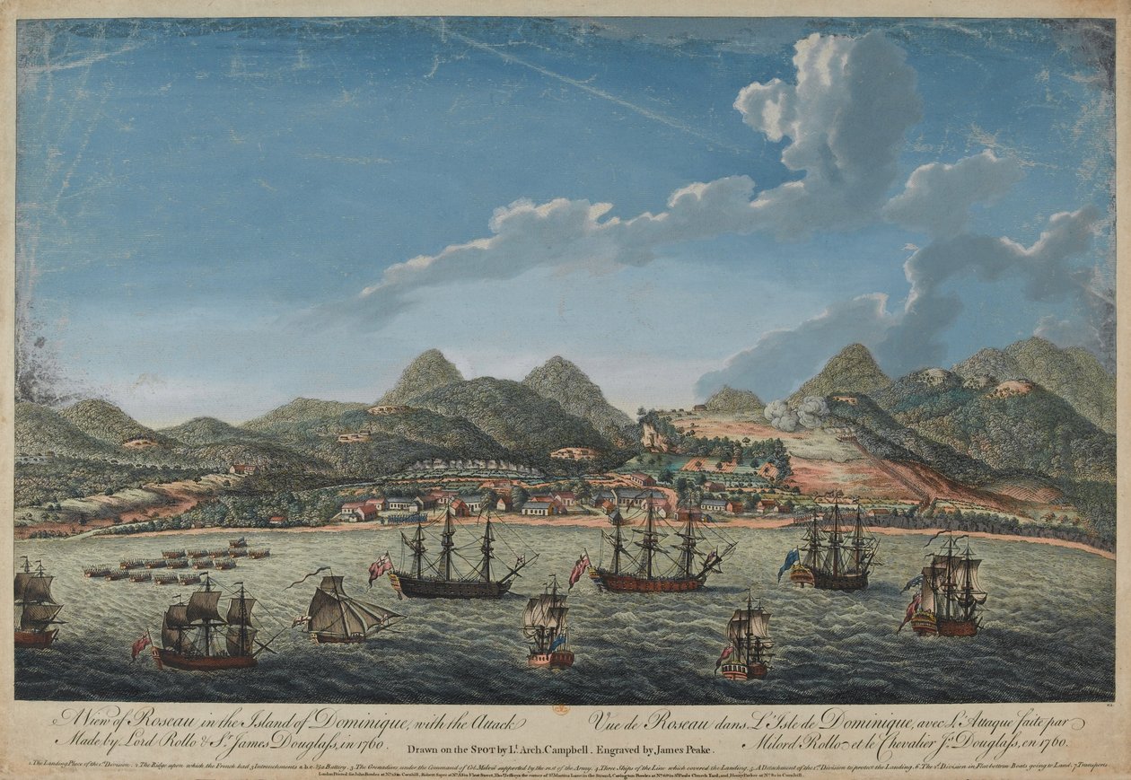 Udsigt over Roseau på øen Dominique med angrebet i 1760 foretaget af Lord Rollo (1703-65) og Sir James Douglas (1703-87) indgraveret af Benazech, udgivet i 1761 af Archibald Campbell