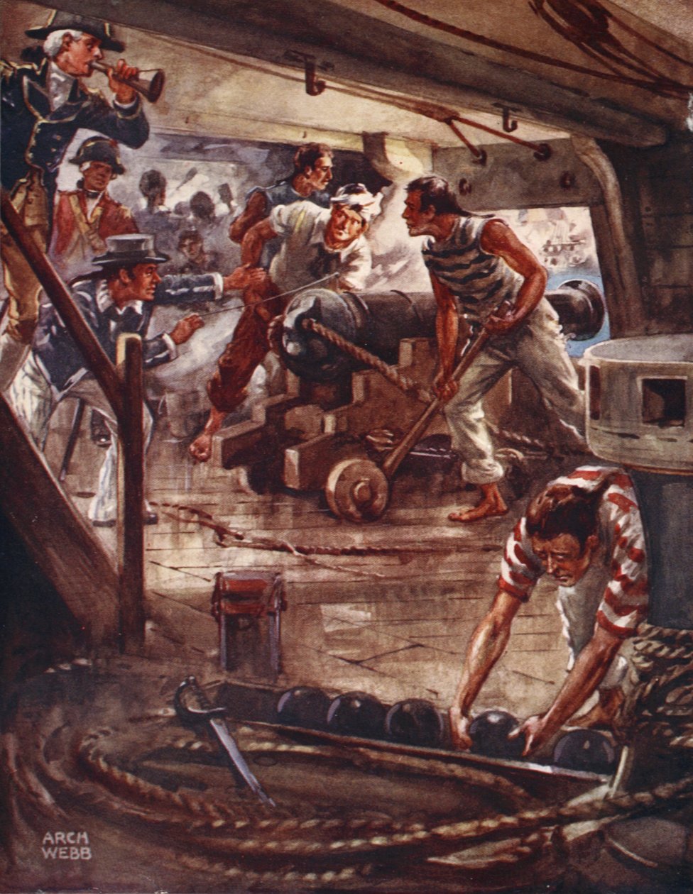 Hver kanon fra sine uudslettelige læber spredte en dødsskygge omkring skibene, fra Ballads of Famous Fights, første udgave, 1920 af Archibald Webb