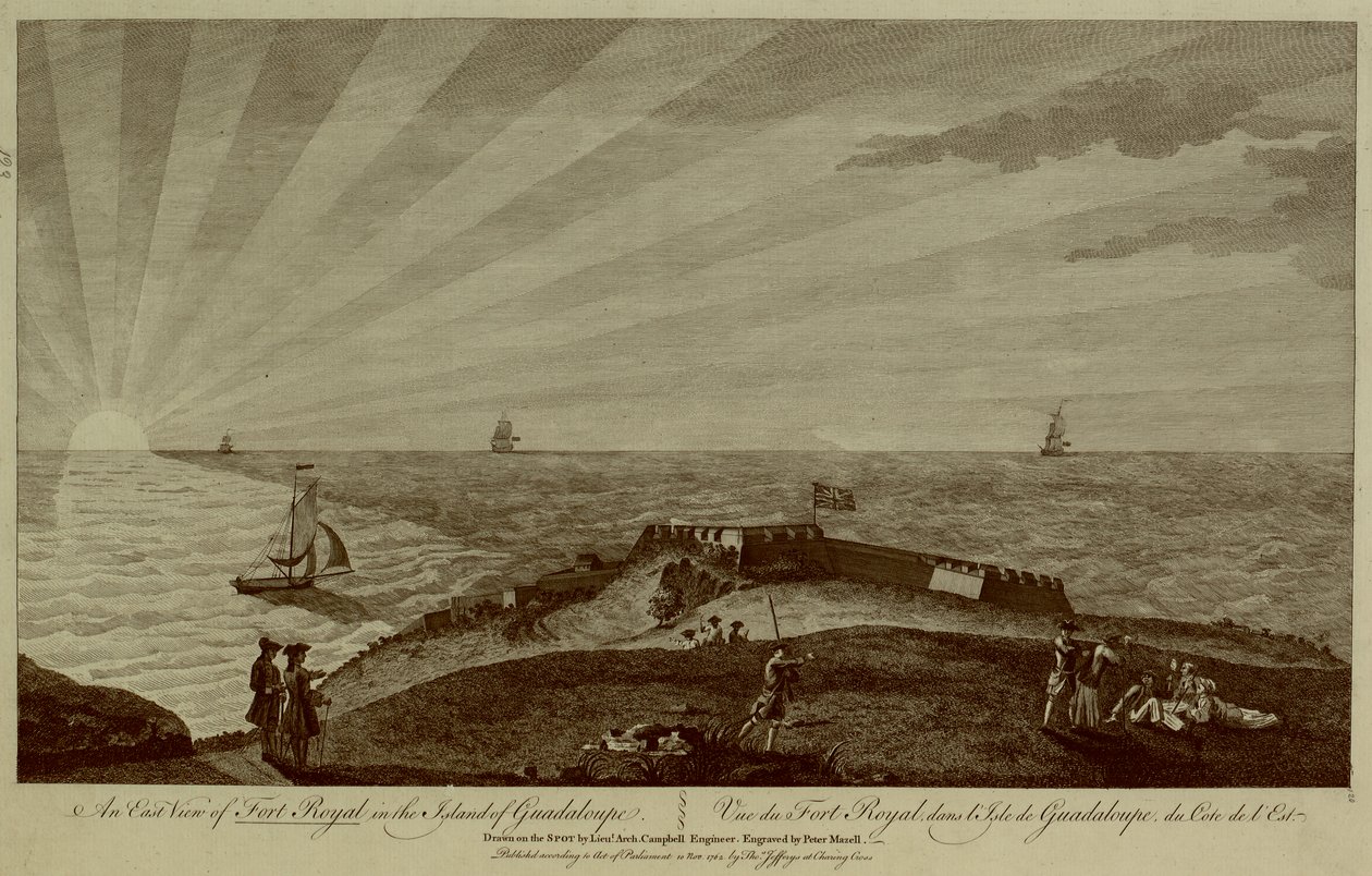 En gruppe soldater hviler på toppen af en bakke i forgrunden med Fort Royal bagved, sejlskibe og solen, der går ned i havet i baggrunden af Archibald (after) Campbell