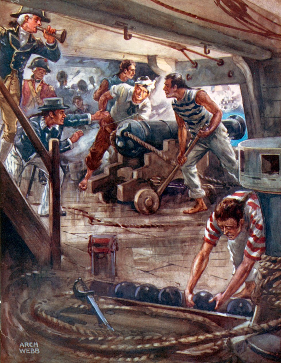 "Hver kanon fra sine adamantinske læber spreder en dødsskygge omkring skibene" (farvelitografi) af Archibald Bertram (after) Webb