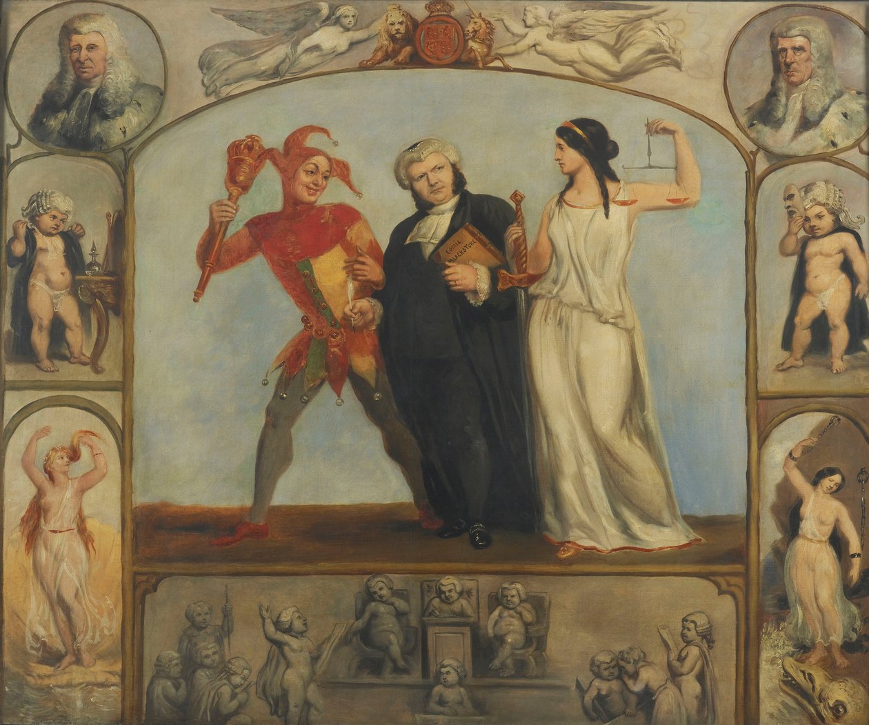 maleri; olie på lærred - Portræt af Renton Nicholson med allegoriske scener og figurer af Archibald Henning