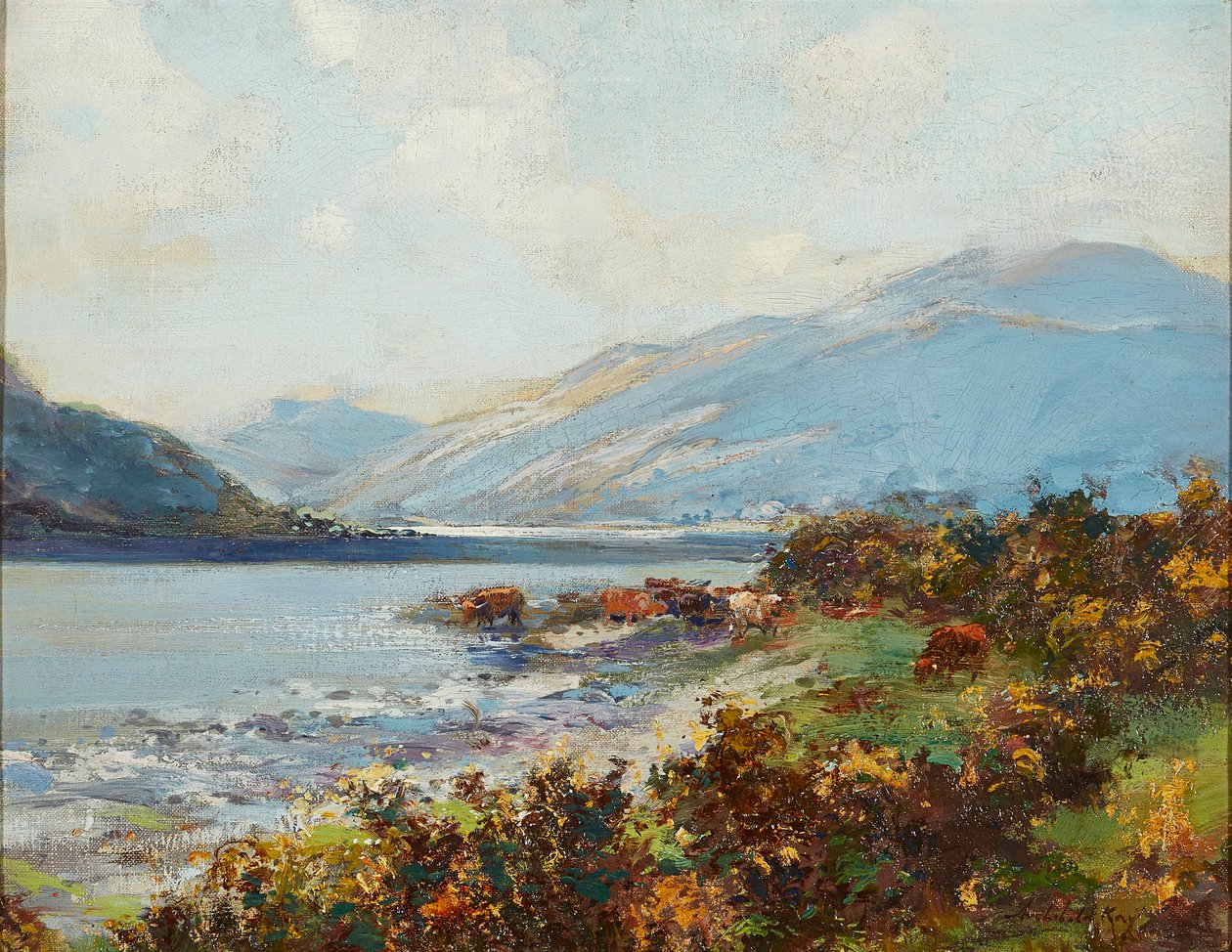 Højlandsscene med kvægvanding (olie på lærred) af Archibald Kay
