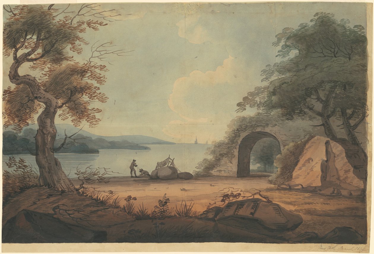 Mending Nets på Hudson River, New York af Archibald Robertson